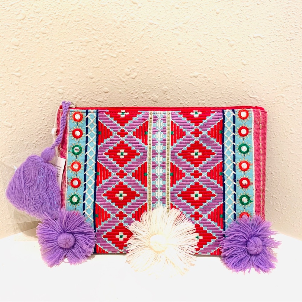 Anthropologie Red, Purple & Cream Embroidered Tassel Clutch
